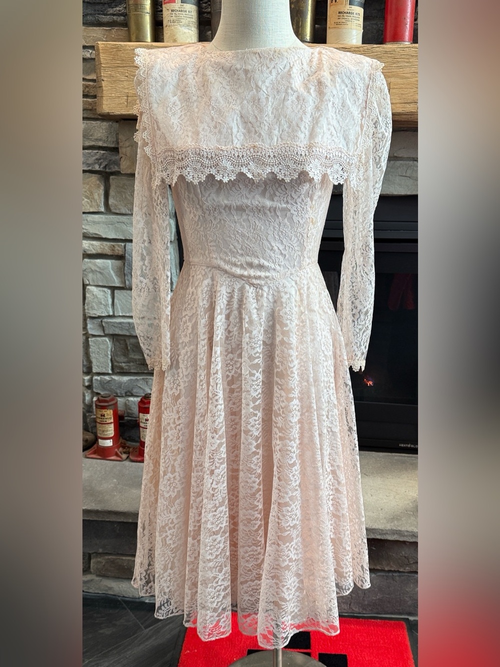 GUNNE SAX Vintage 80s Pink Lace Cape Collar Tea Length Full Circle Dress Size 9